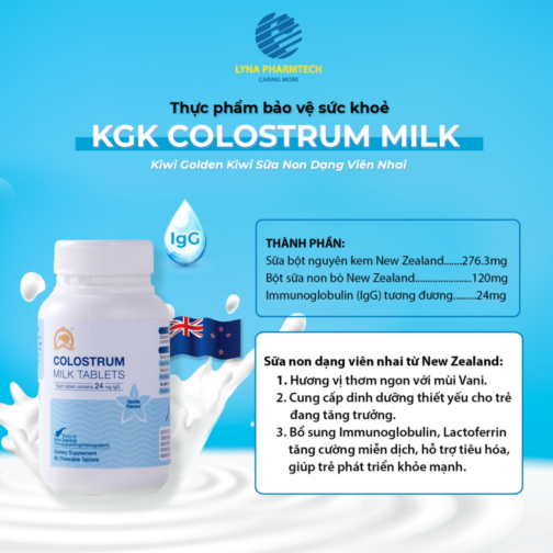 KGK Colostrum Milk Viên nhai sữa Non non bổ sung dinh dưỡng và miễn dịch với lượng IgG liều cao giúp miễn dịch khoẻ, tiêu hoá tốt.